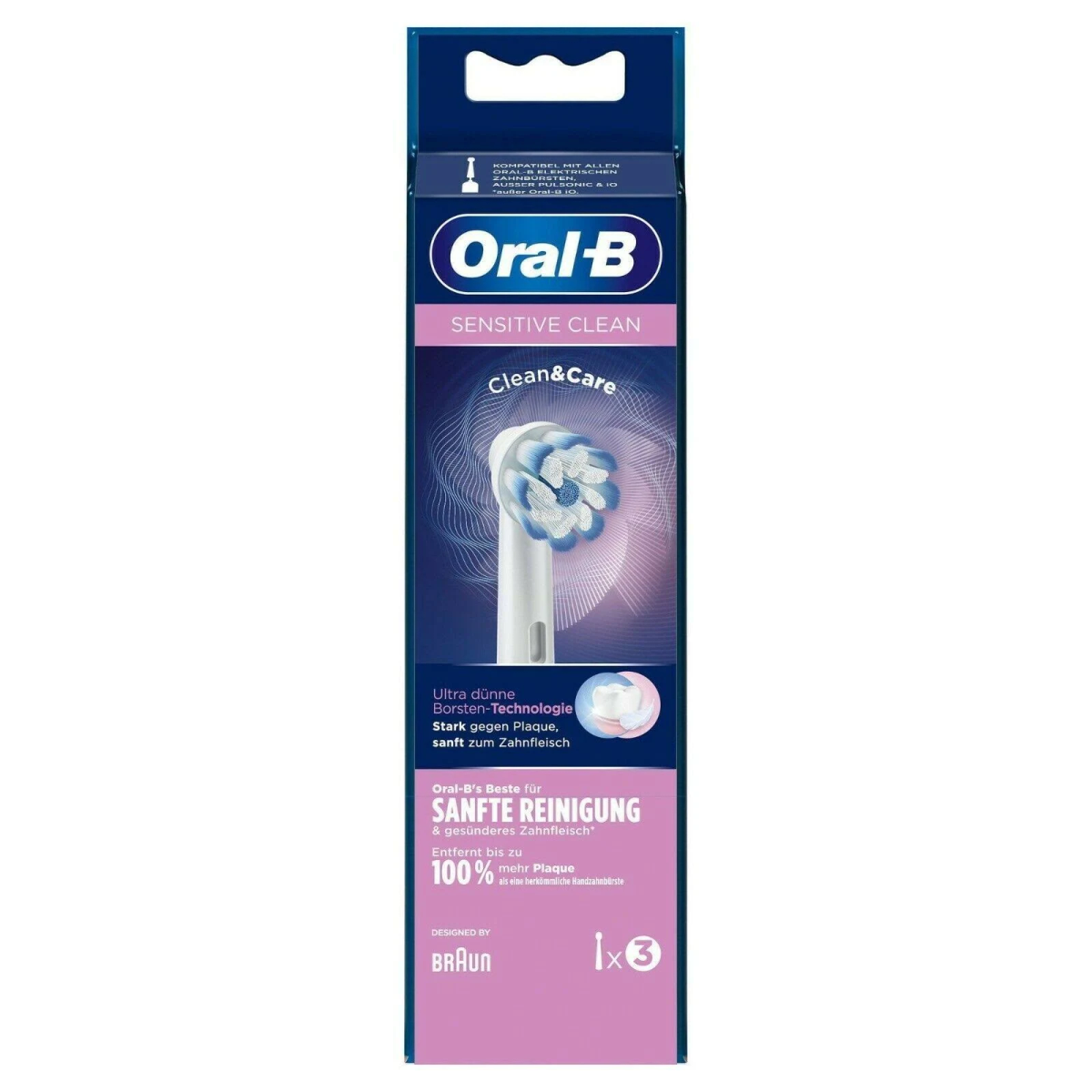 Pudełko z końcówkami do szczoteczki Oral-B Sensitive Clean. Tekst na pudełku opisuje cechy i zalety produktu.