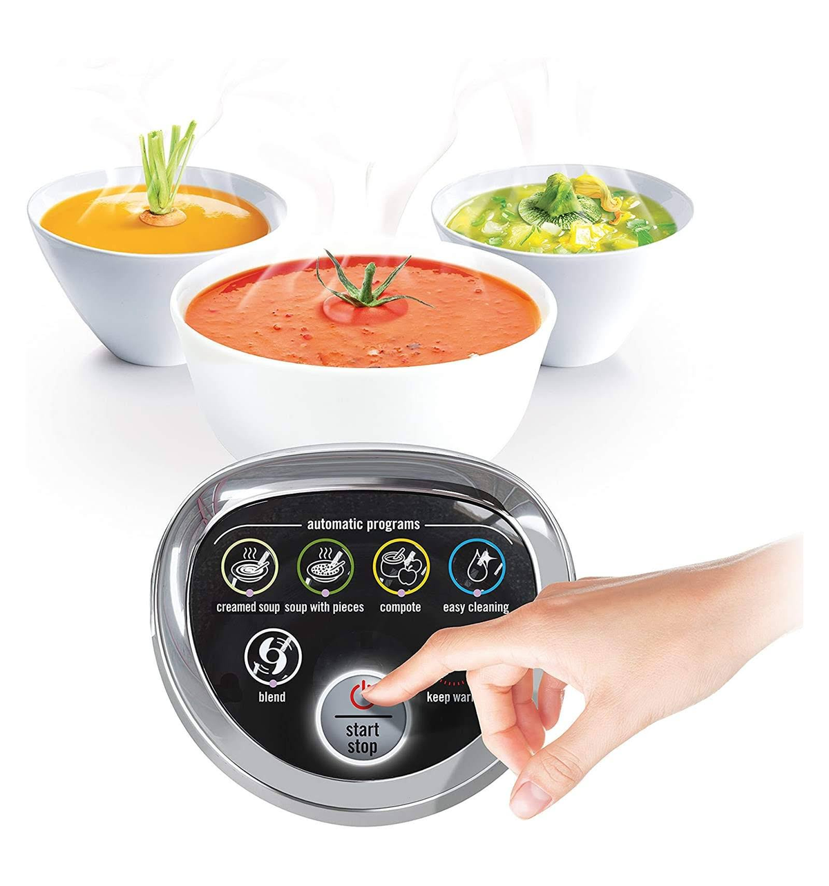 Una mano che preme il pulsante di avvio su un produttore di zuppe, con ciotole di zuppa.