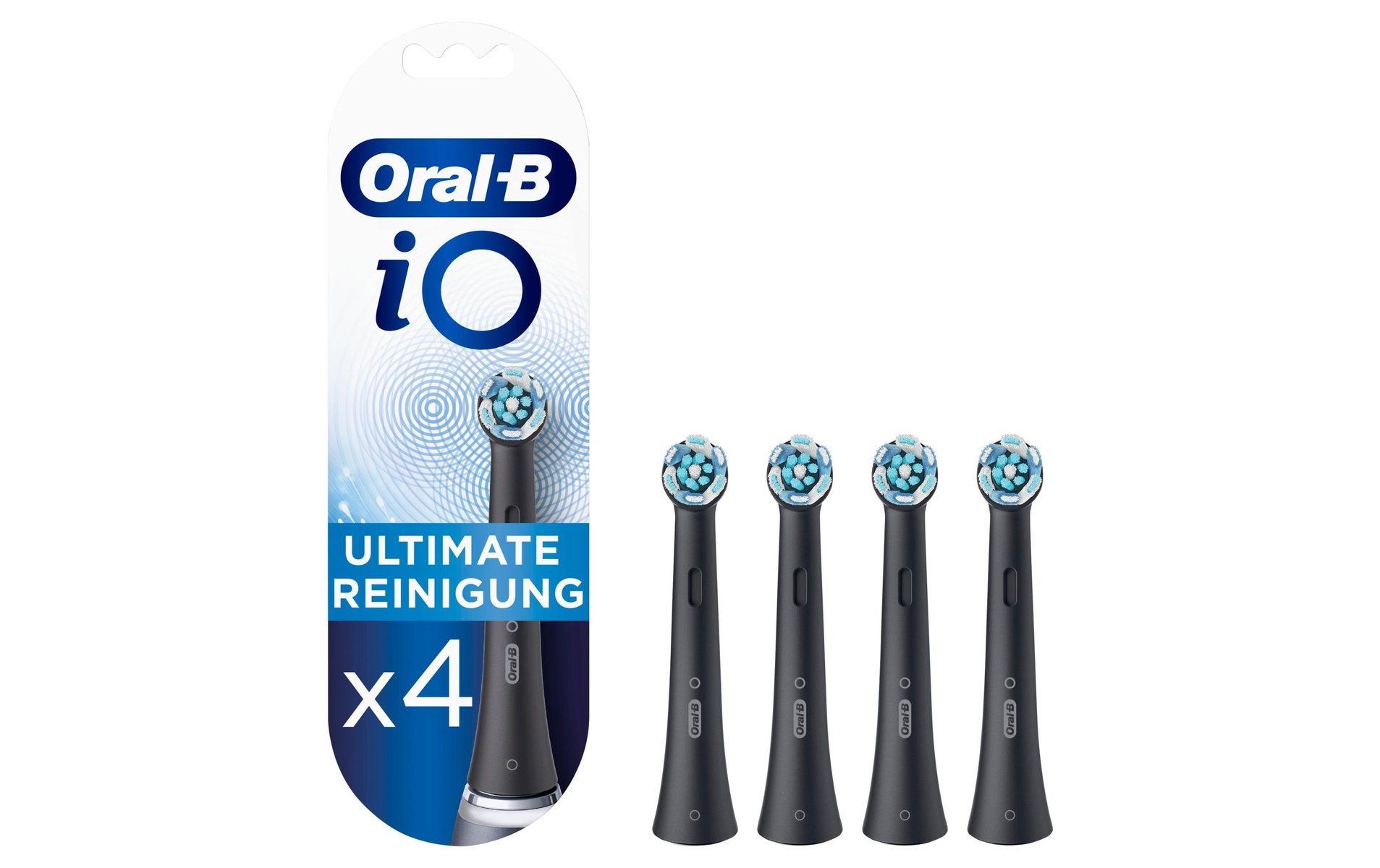 Packung mit Oral-B iO Zahnbürstenköpfen. Die Packung zeigt vier schwarze Bürstenköpfe.