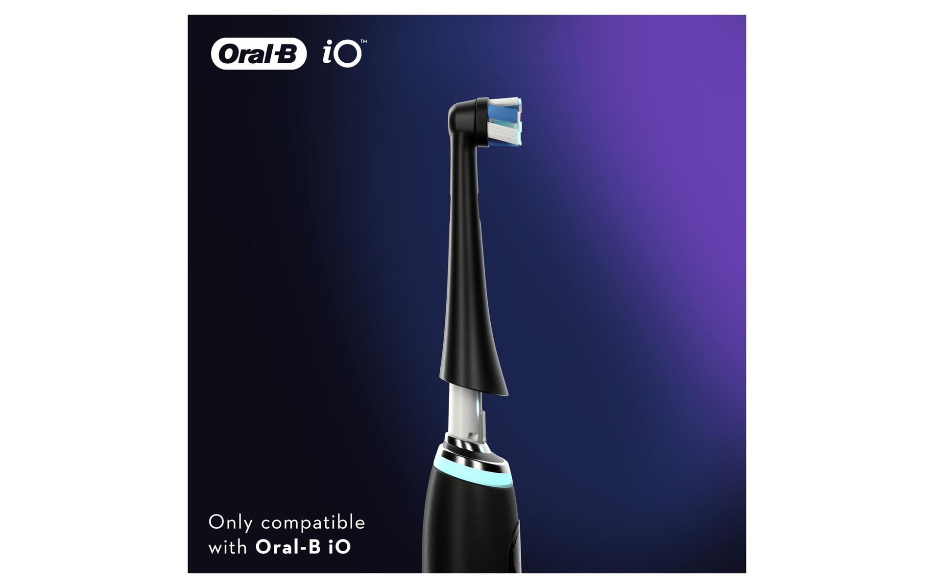 Ein Bürstenkopf für eine elektrische Zahnbürste von Oral-B. Der Kopf ist schwarz mit blauen und weißen Borsten.