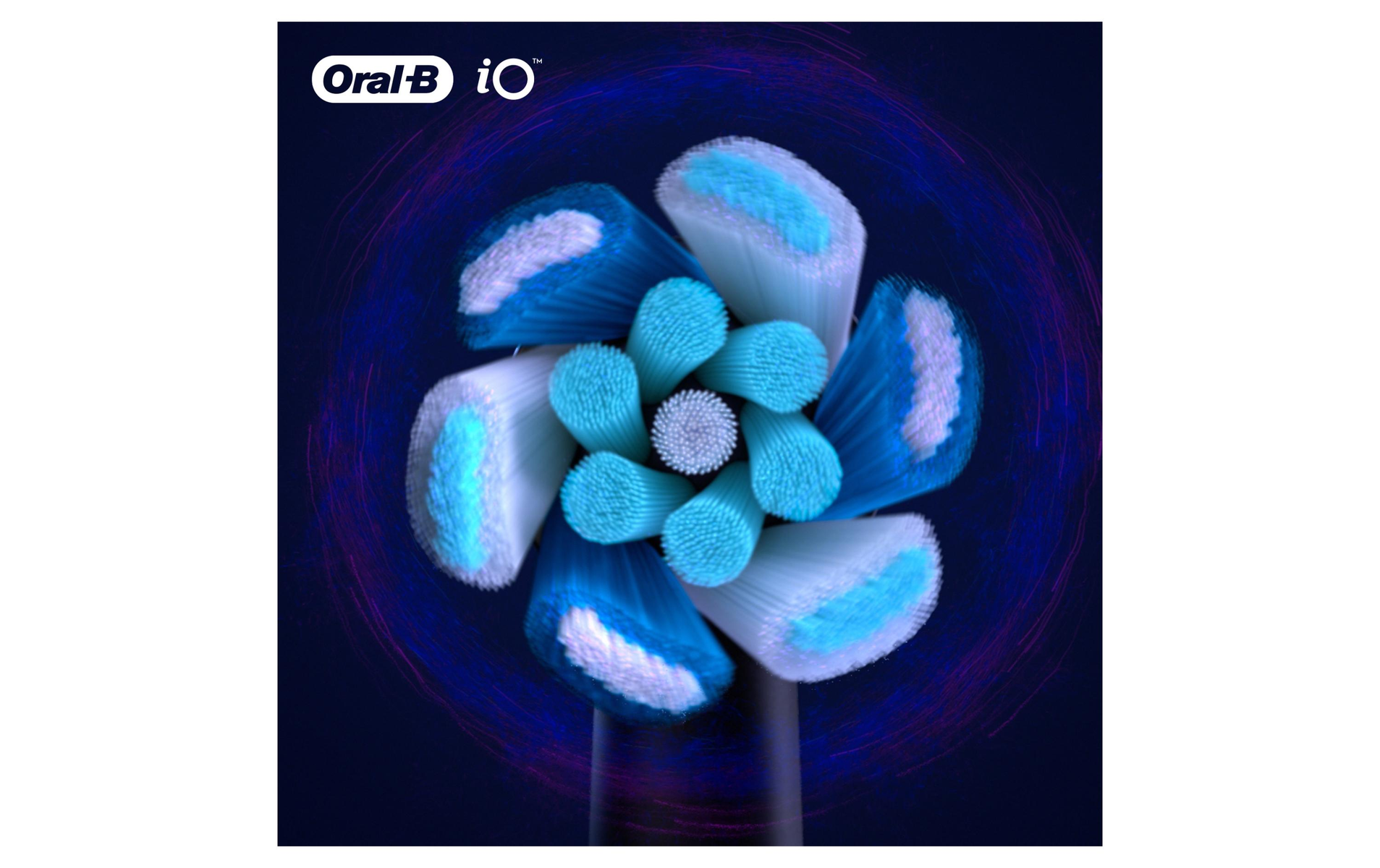 Oral B IO Zahnbürstenkopf mit blauen und weißen Borsten.