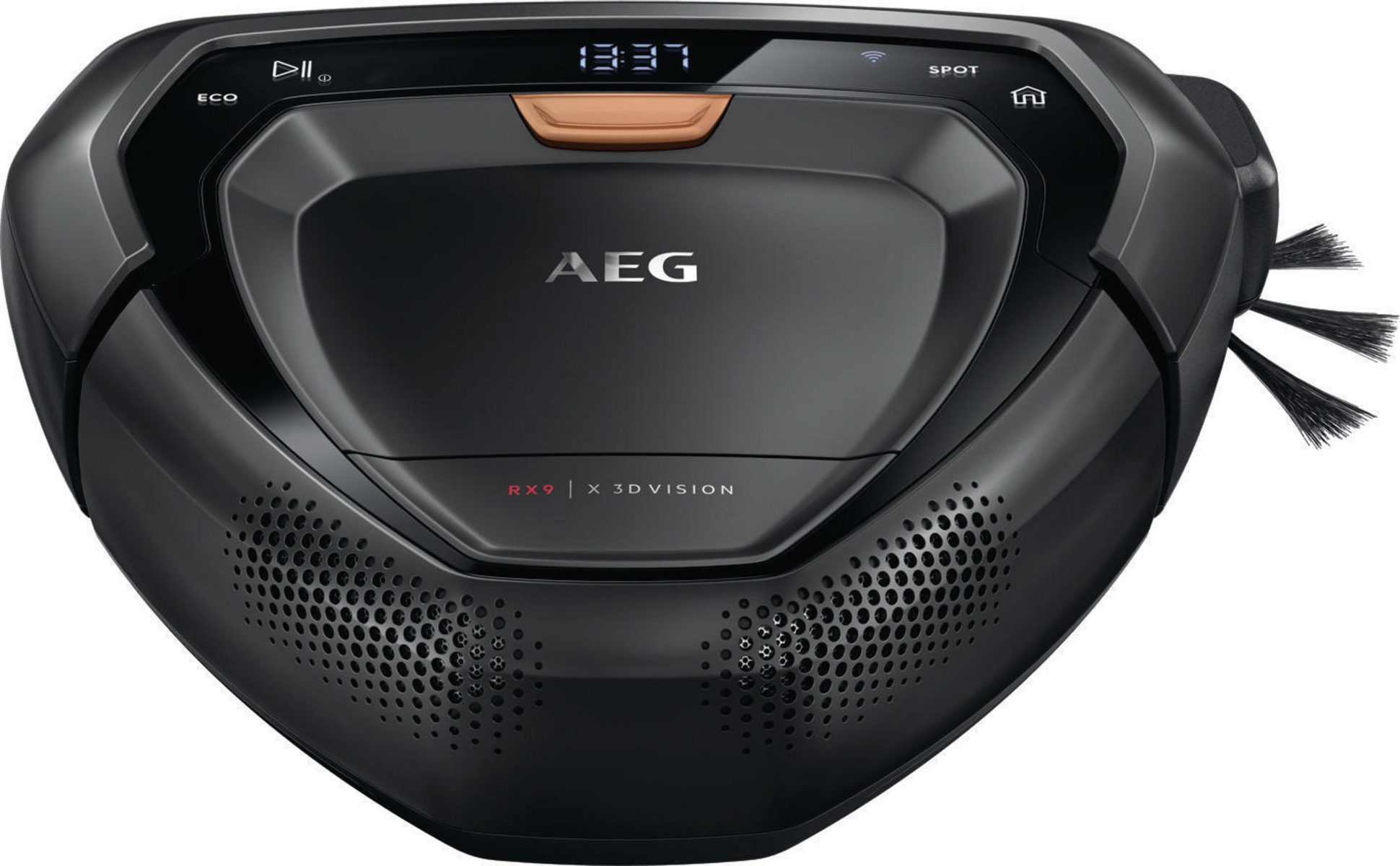 Czarny odkurzacz robot. Ma czarny korpus z czujnikami, ekranem i szczotkami bocznymi.