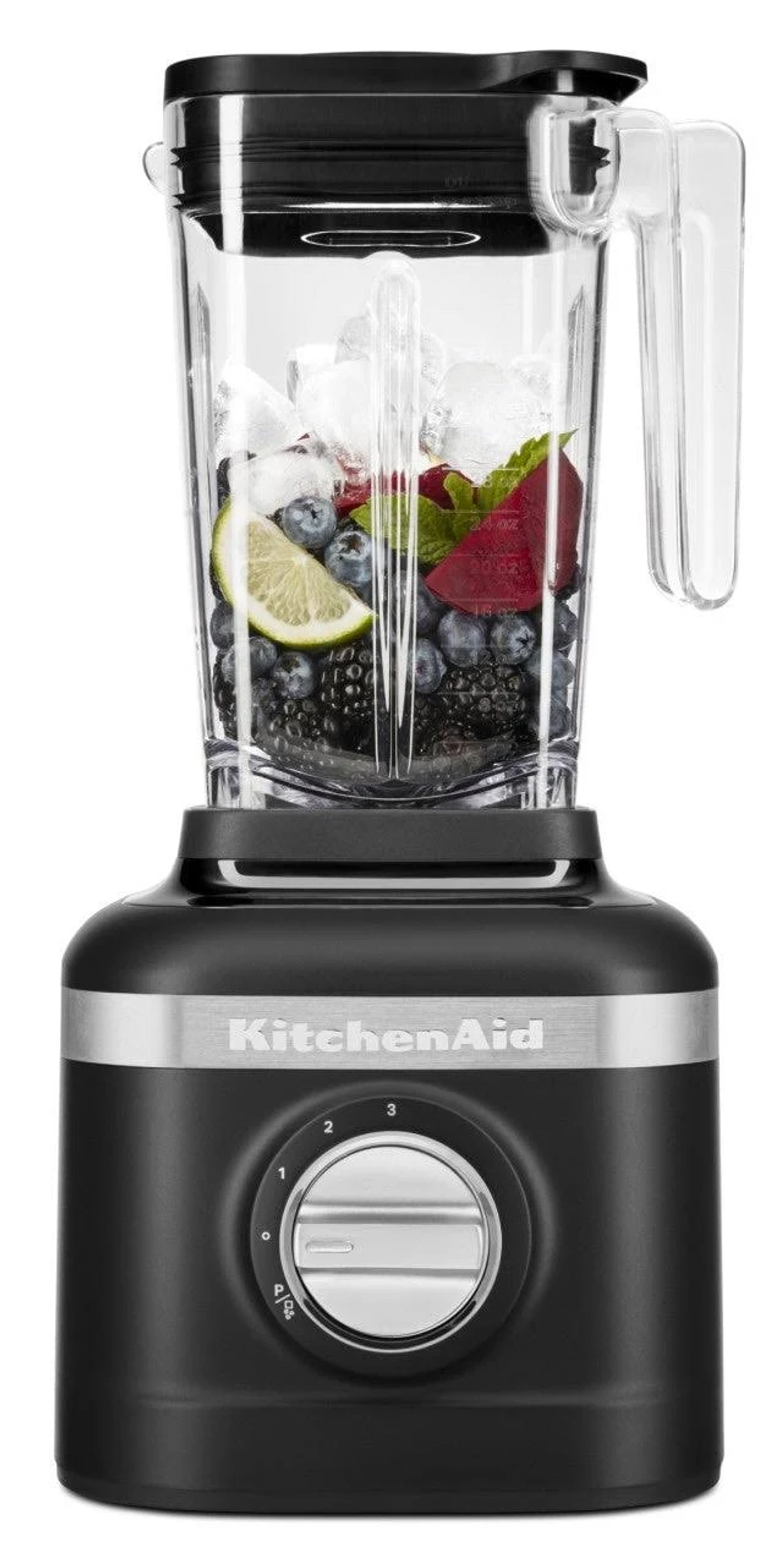 Czarny blender KitchenAid z lodem, owocami i limonką w środku. Pokrętło ma numery 1-3.