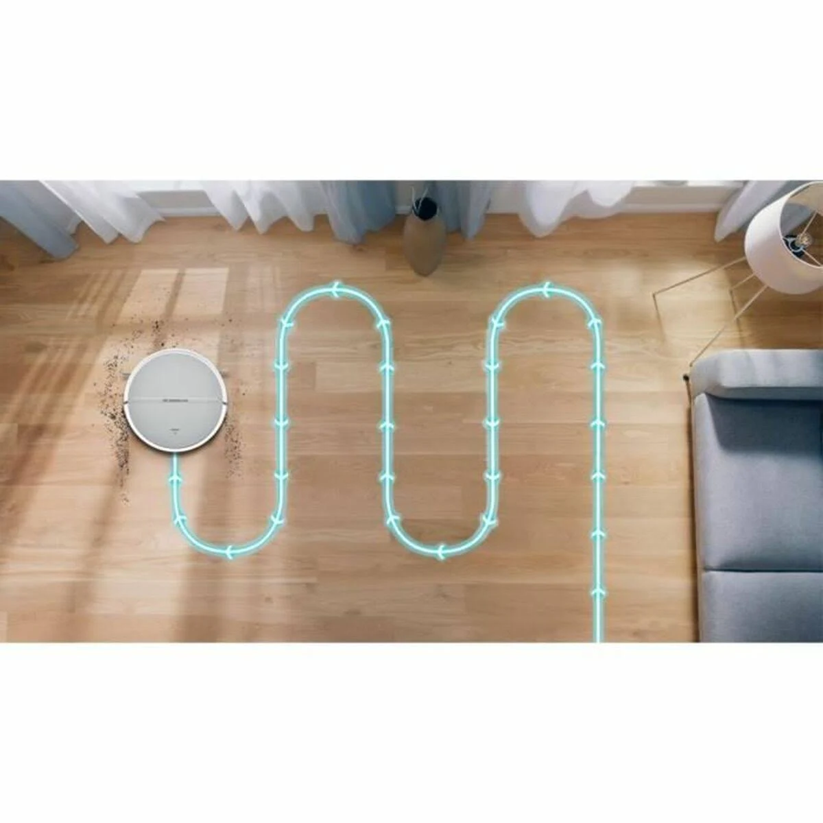 Robot sprzątający na drewnianej podłodze. Ścieżka, którą wyczyścił, jest oznaczona niebieską linią.