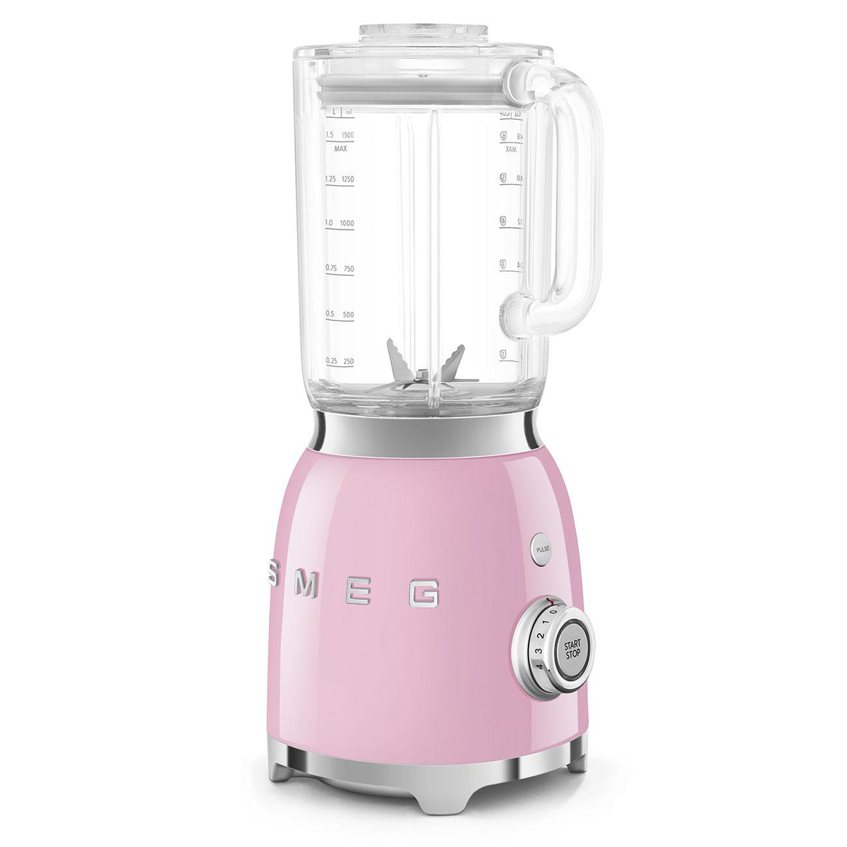 Pembe Smeg blender, cam kavanoz ve gümüş taban ve detaylarla.