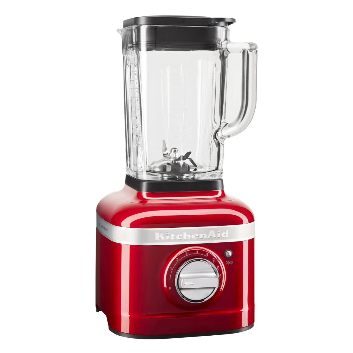 Ein roter KitchenAid-Mixer mit Glaskrug und Drehzahlregler. Er steht auf einer weißen Oberfläche.