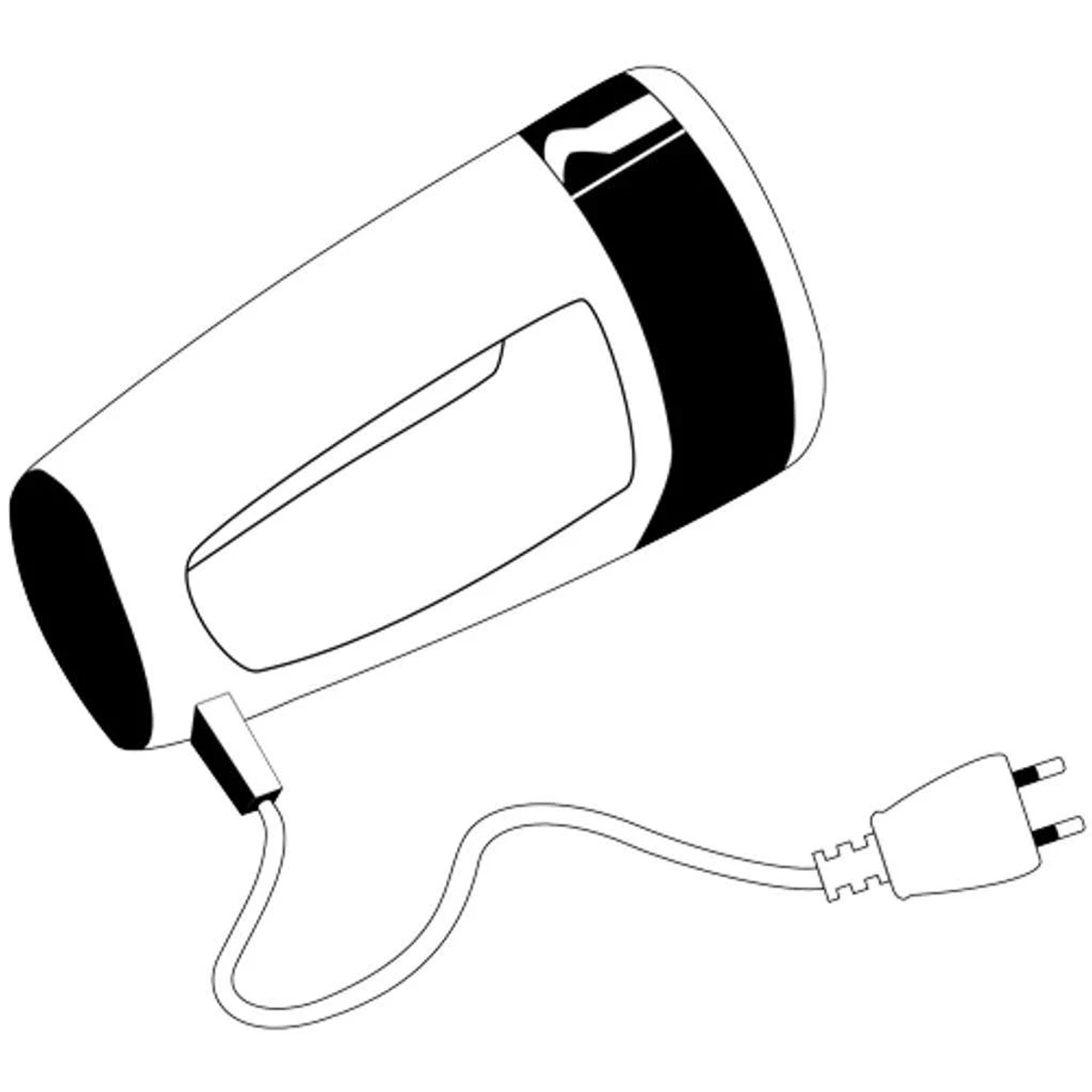 Un disegno in bianco e nero di un asciugacapelli e di una spina con un cavo.