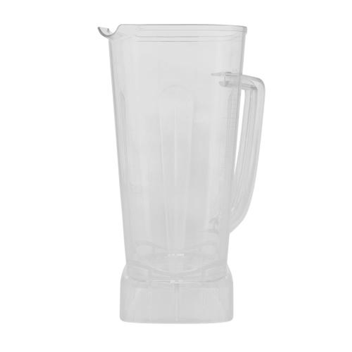 Jarra de licuadora de plástico transparente con asa sobre fondo blanco.