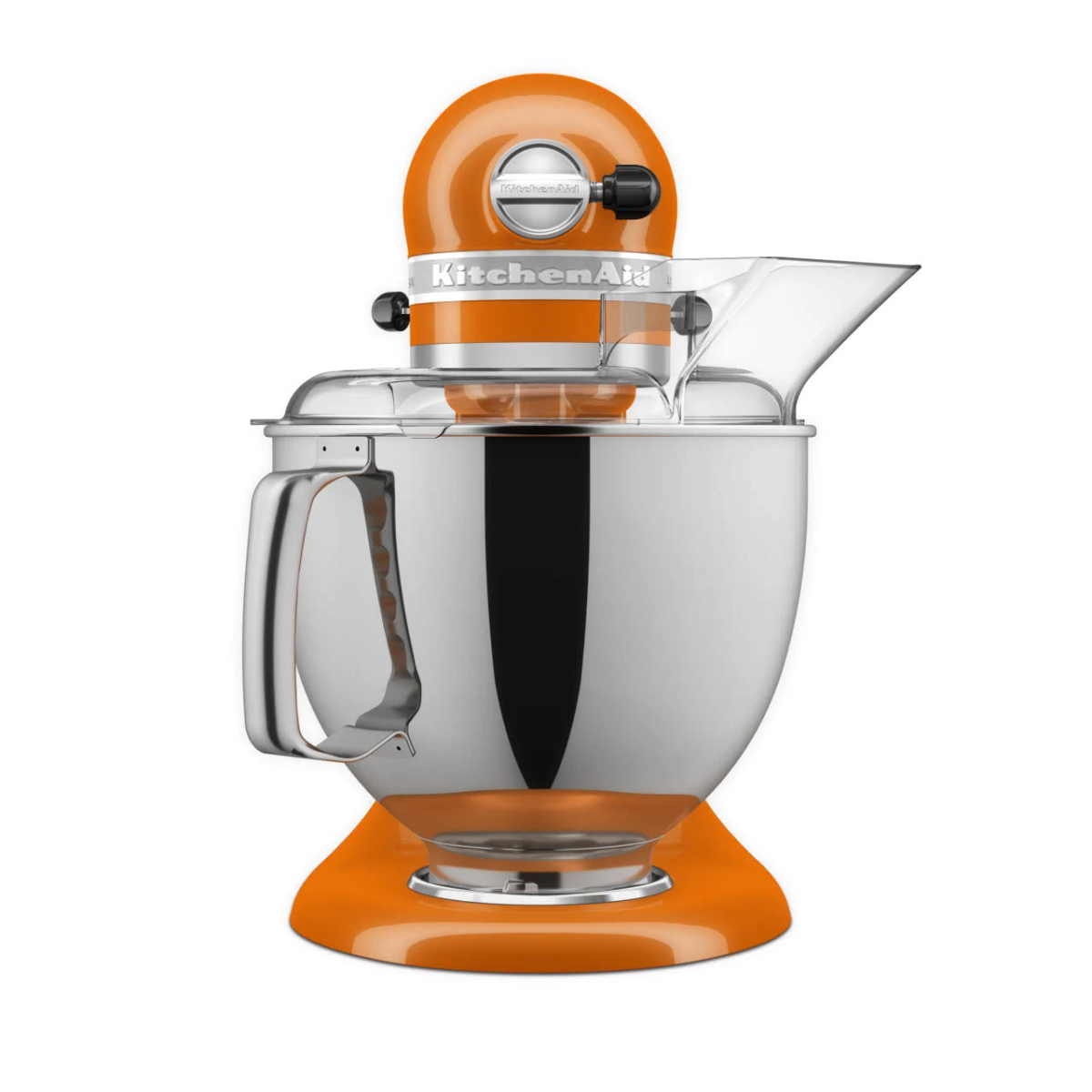 Oranger KitchenAid Küchenmixer mit Edelstahl-Schüssel, transparentem Schutz und Aufsätzen.