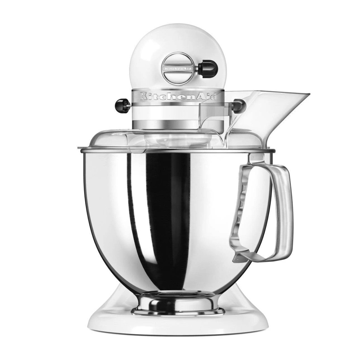 Weißer KitchenAid-Küchenmixer mit durchsichtigem Ausgießschild. Silberne Schüssel darunter.