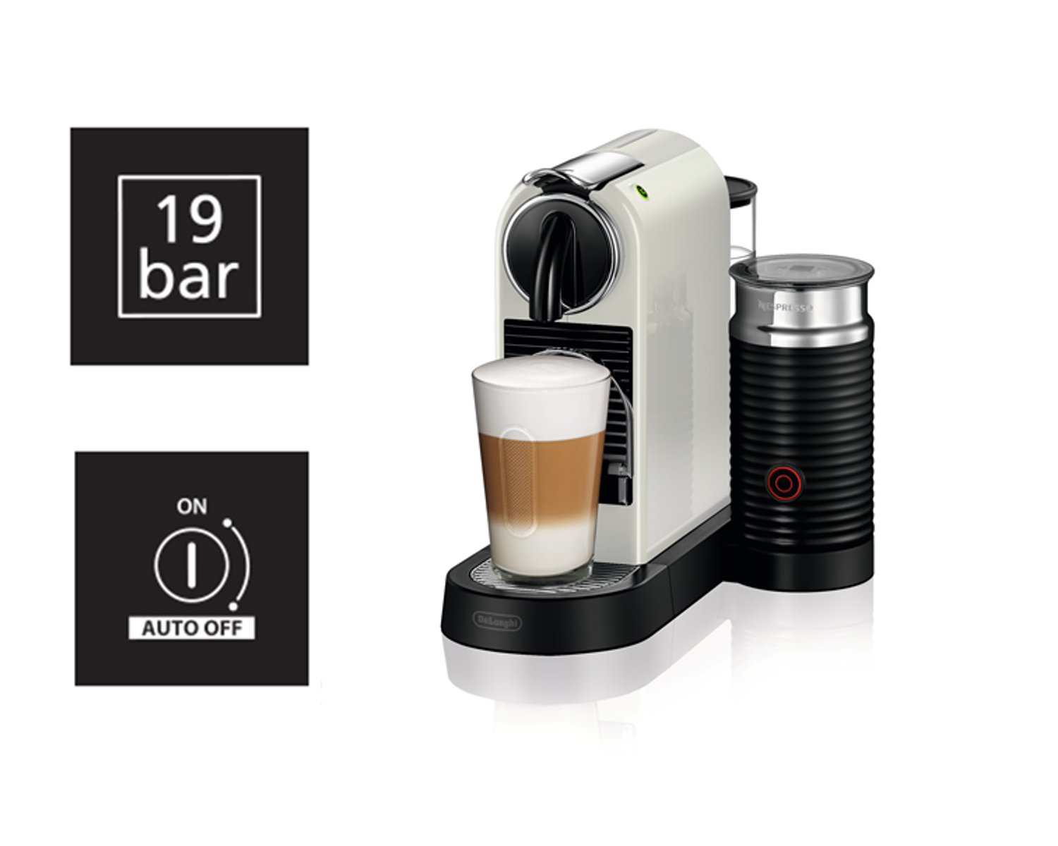 Ekspres do kawy ze szklanką latte. Kolor czarno-biały. Po lewej stronie znak 19 barów.