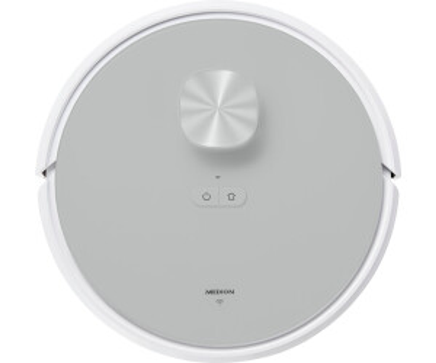 Biało-szary robot odkurzacz, widok z góry. Odkurzacz jest okrągły z dwoma przyciskami i srebrnym przyciskiem.