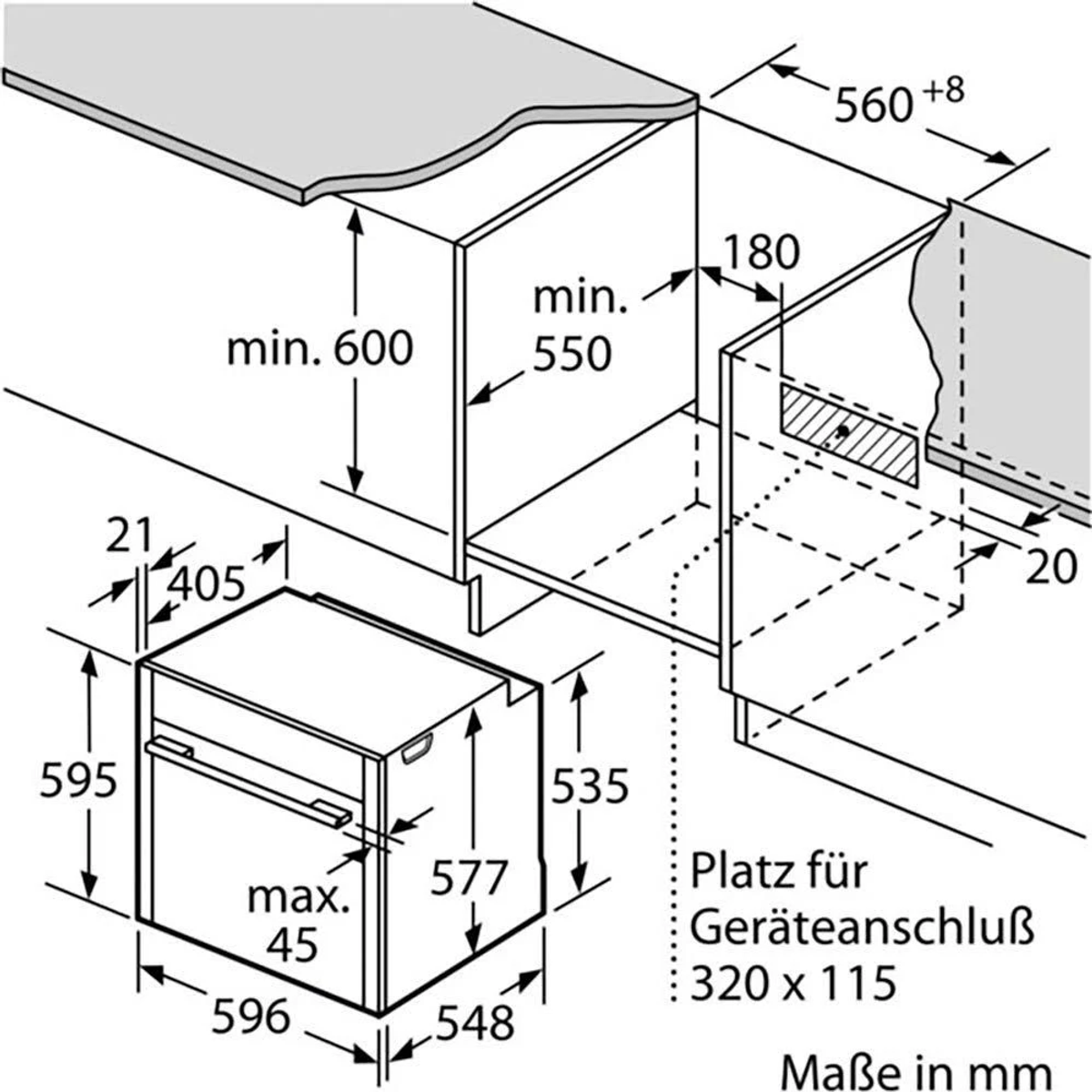 Disegno tecnico di un forno a incasso e vano con dimensioni in mm. Bianco e nero.