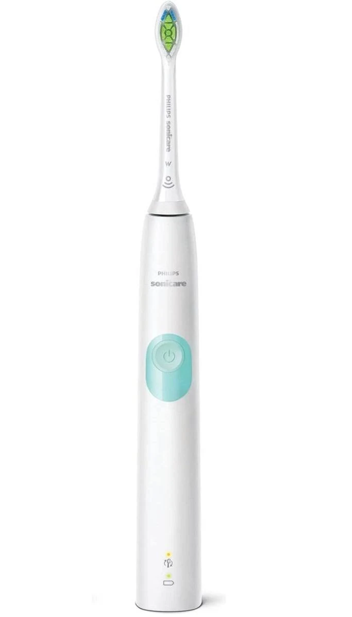 Biała elektryczna szczoteczka do zębów z niebieskim przyciskiem. Białe tło.