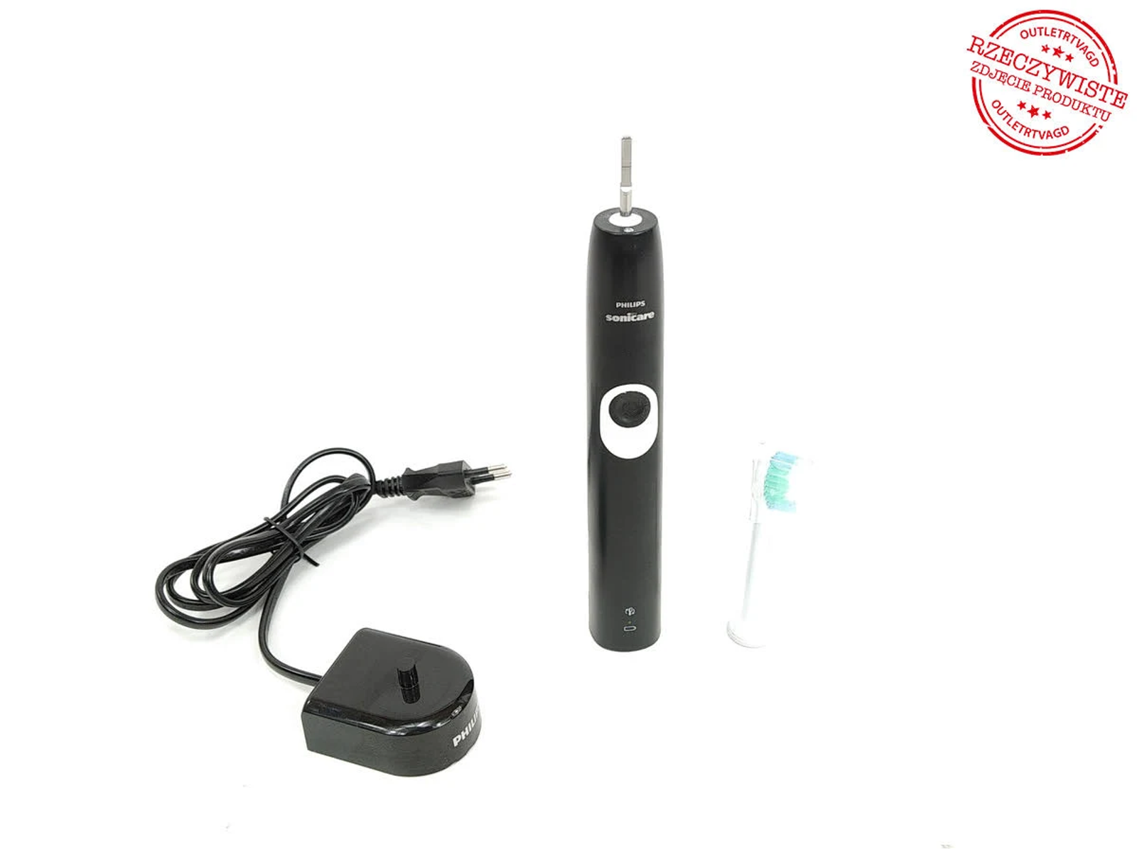 Czarna elektryczna szczoteczka do zębów z ładowarką i główką szczoteczki.