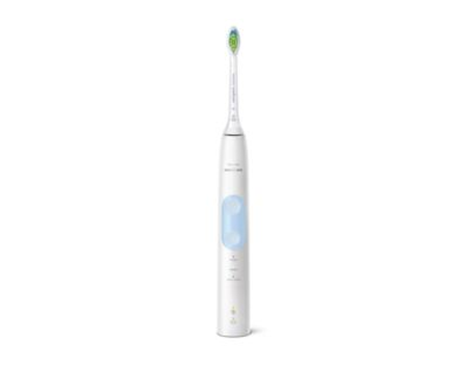 Un cepillo de dientes eléctrico blanco con detalles azules y verdes y un cargador.