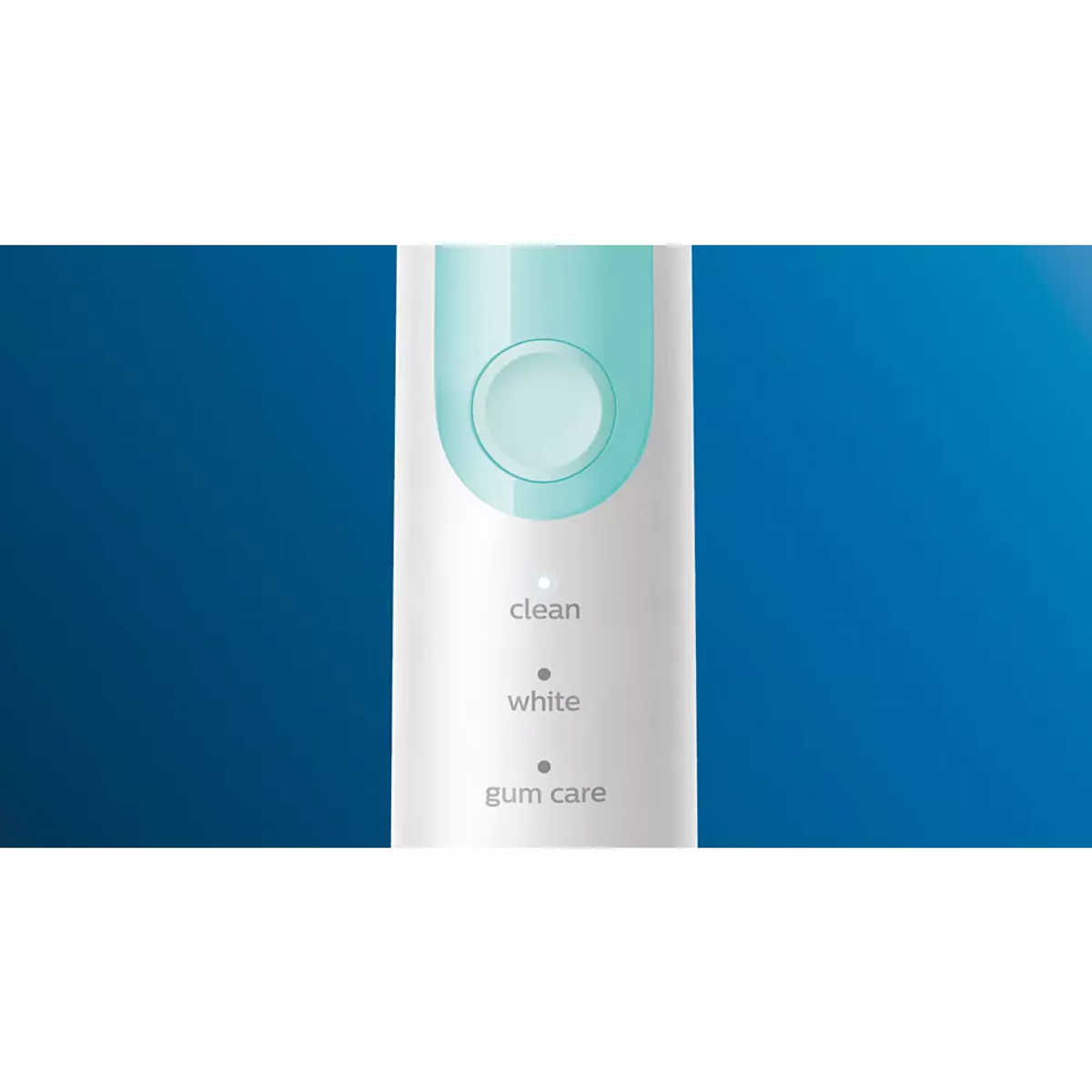 Cepillo de dientes eléctrico con mango blanco, un botón e indicadores de función.