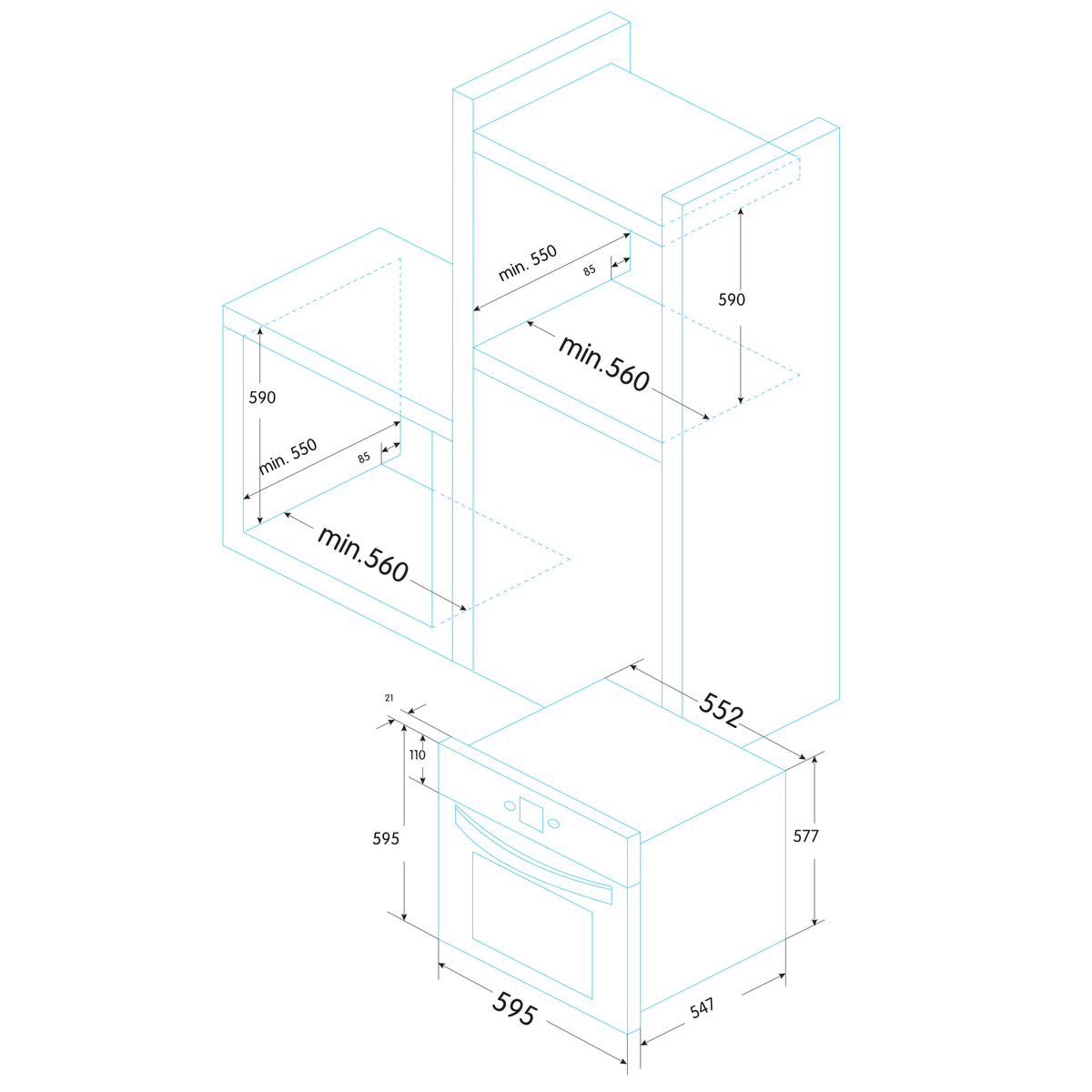 Dibujo técnico de un horno con dimensiones.