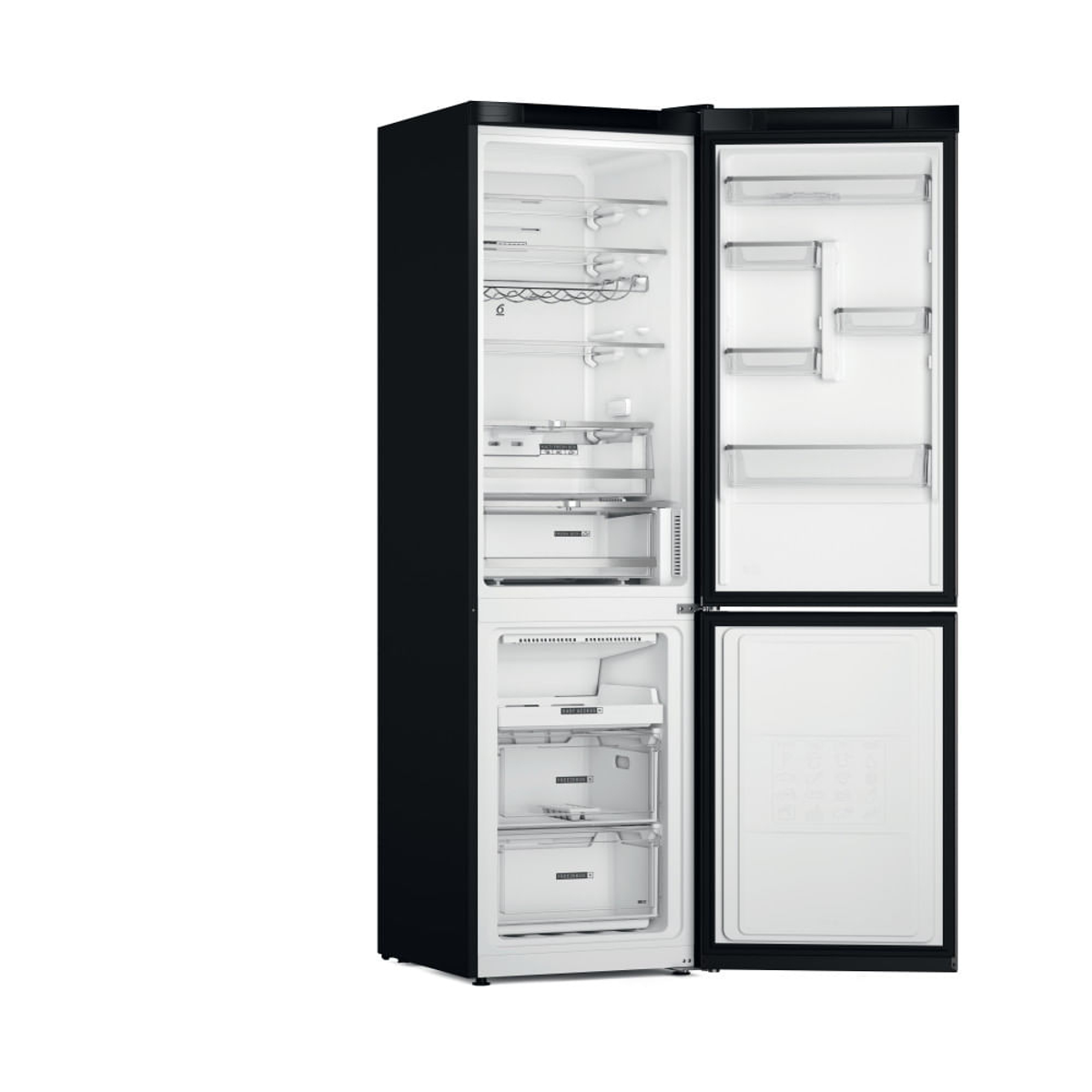 Refrigerador negro con puertas abiertas, mostrando estantes y cajones.