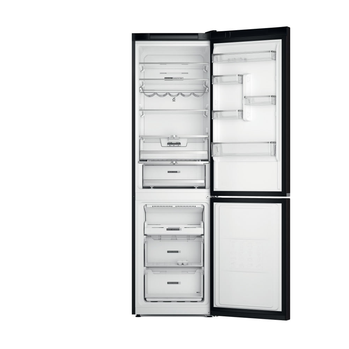 Refrigerador negro con dos puertas abiertas que muestran estantes, cajones y contenido.