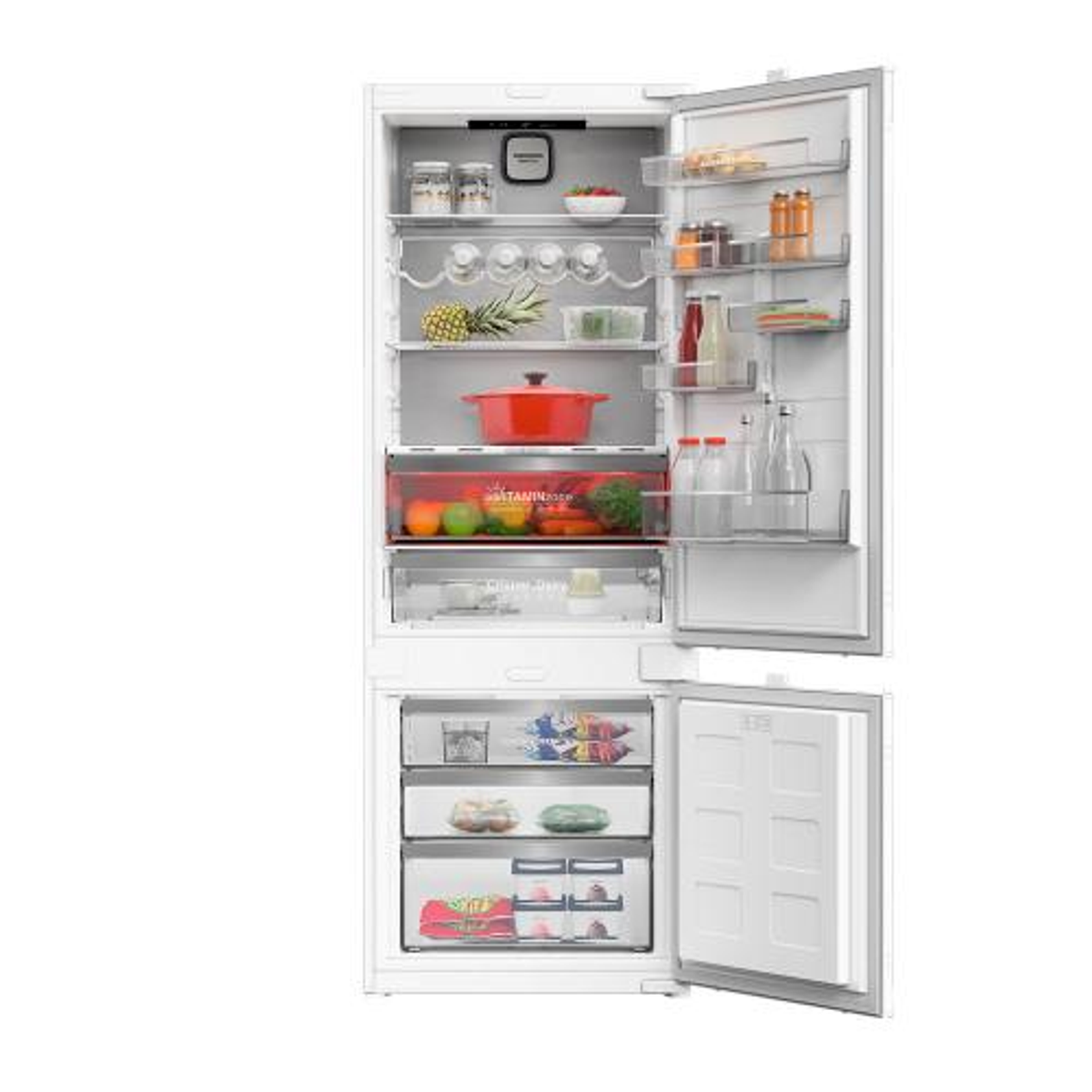 Un refrigerador blanco con la puerta abierta, lleno de varios alimentos.