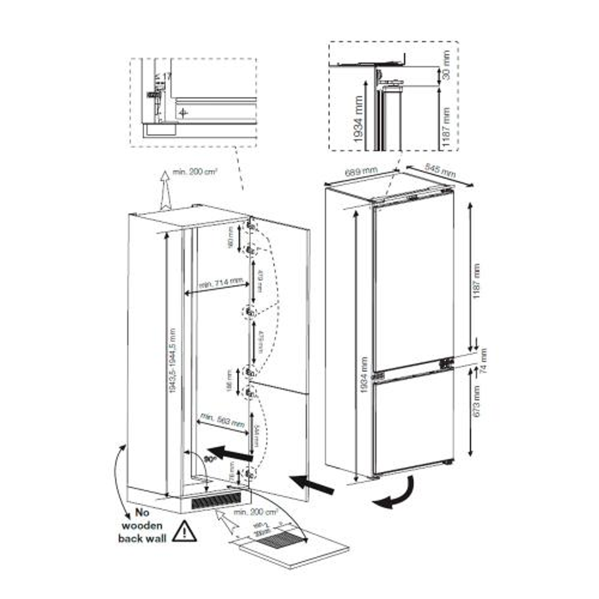 Diagrama que muestra las dimensiones y medidas de un refrigerador.