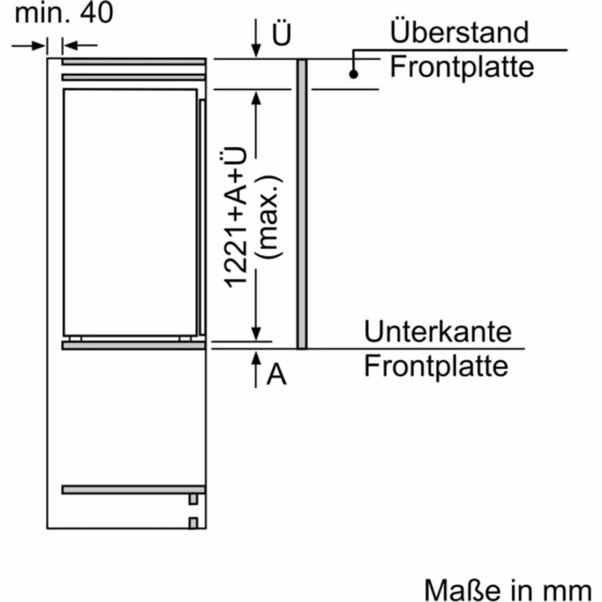 Diagramm mit Abmessungen für den Einbau eines Kühlschranks, mit Beschriftungen auf Deutsch.