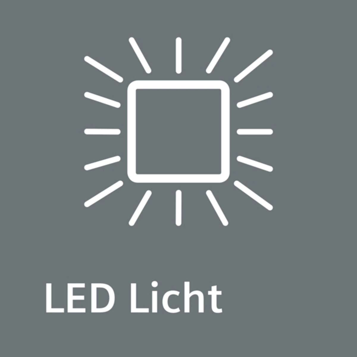 Symbol eines Quadrats mit Lichtstrahlen, Text: 'LED Licht'.