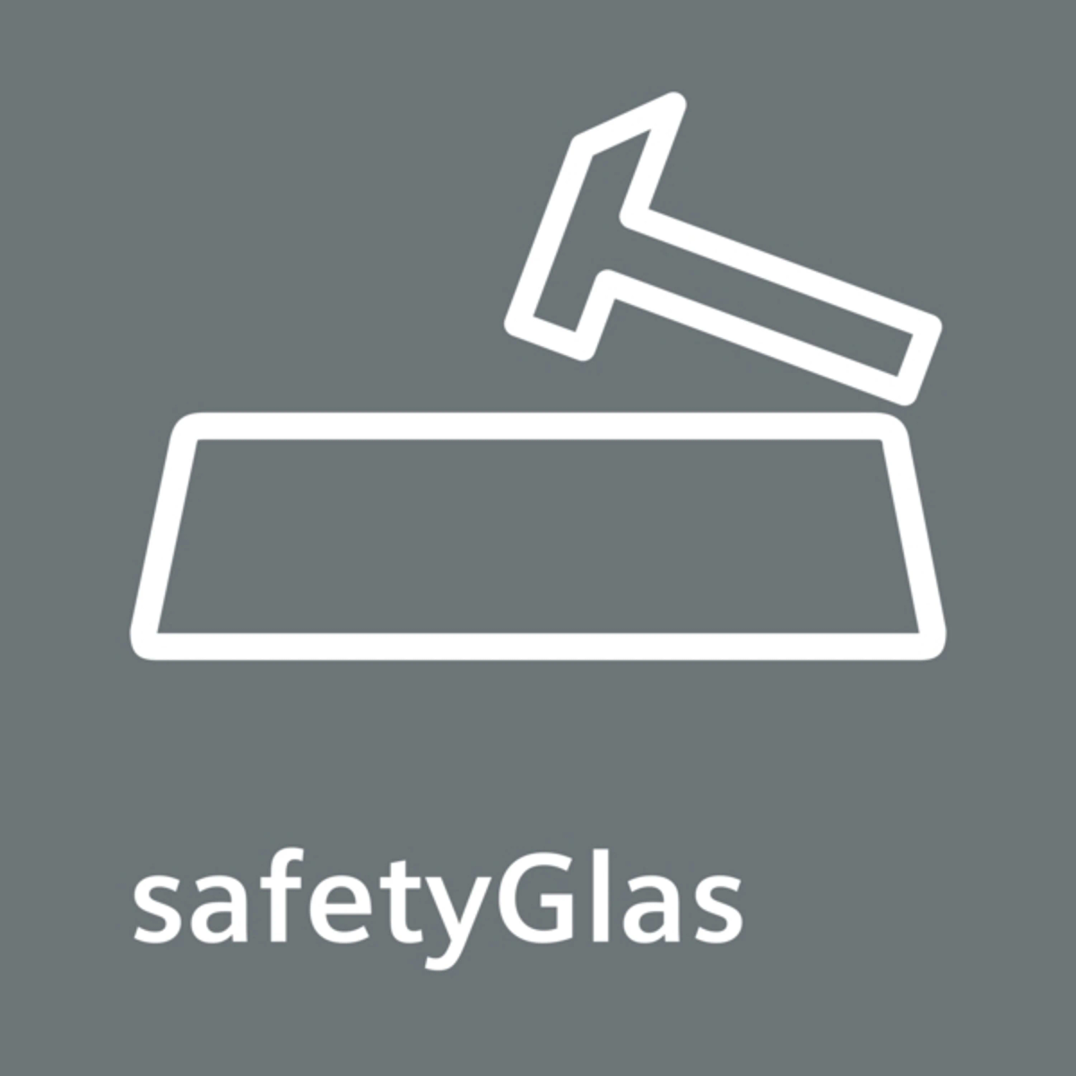 Ein weißes Hammersymbol über einem Rechteck mit den Worten 'safetyGlas' darunter.