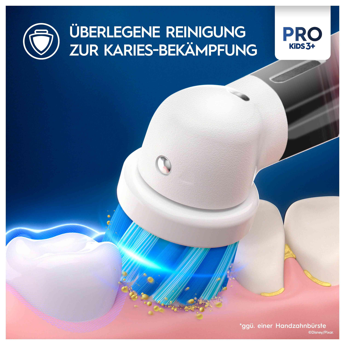 Illustration einer Zahnbürste, die Zähne putzt. Die Bürste ist blau und die Zähne sind weiß.