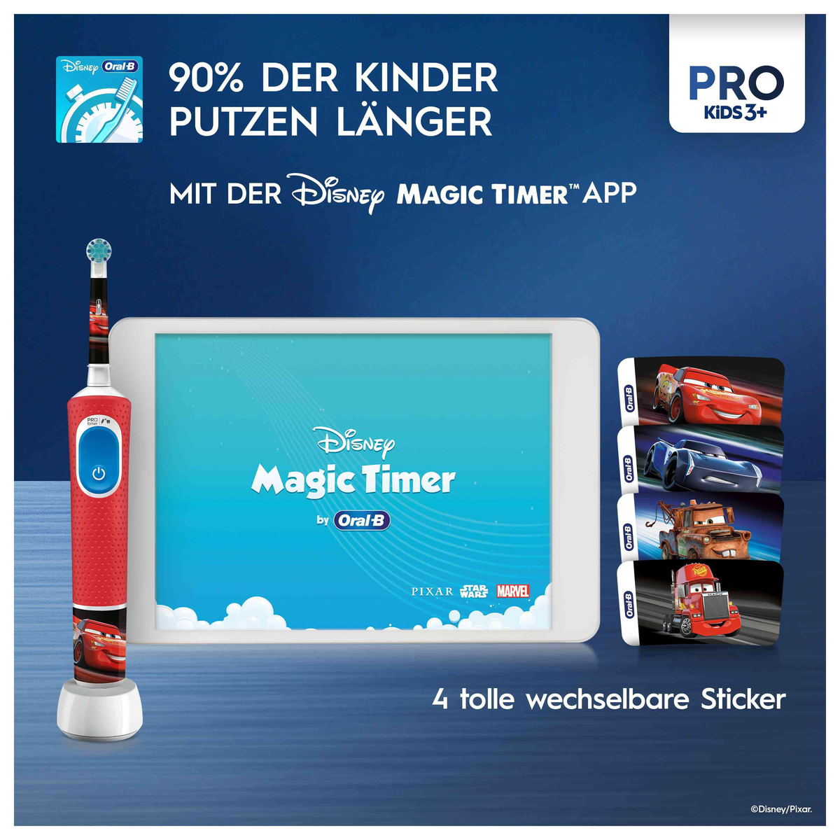 Elektrische Oral-B Kids Zahnbürste mit Tablet, das die Disney Magic Timer App und Sticker zeigt.