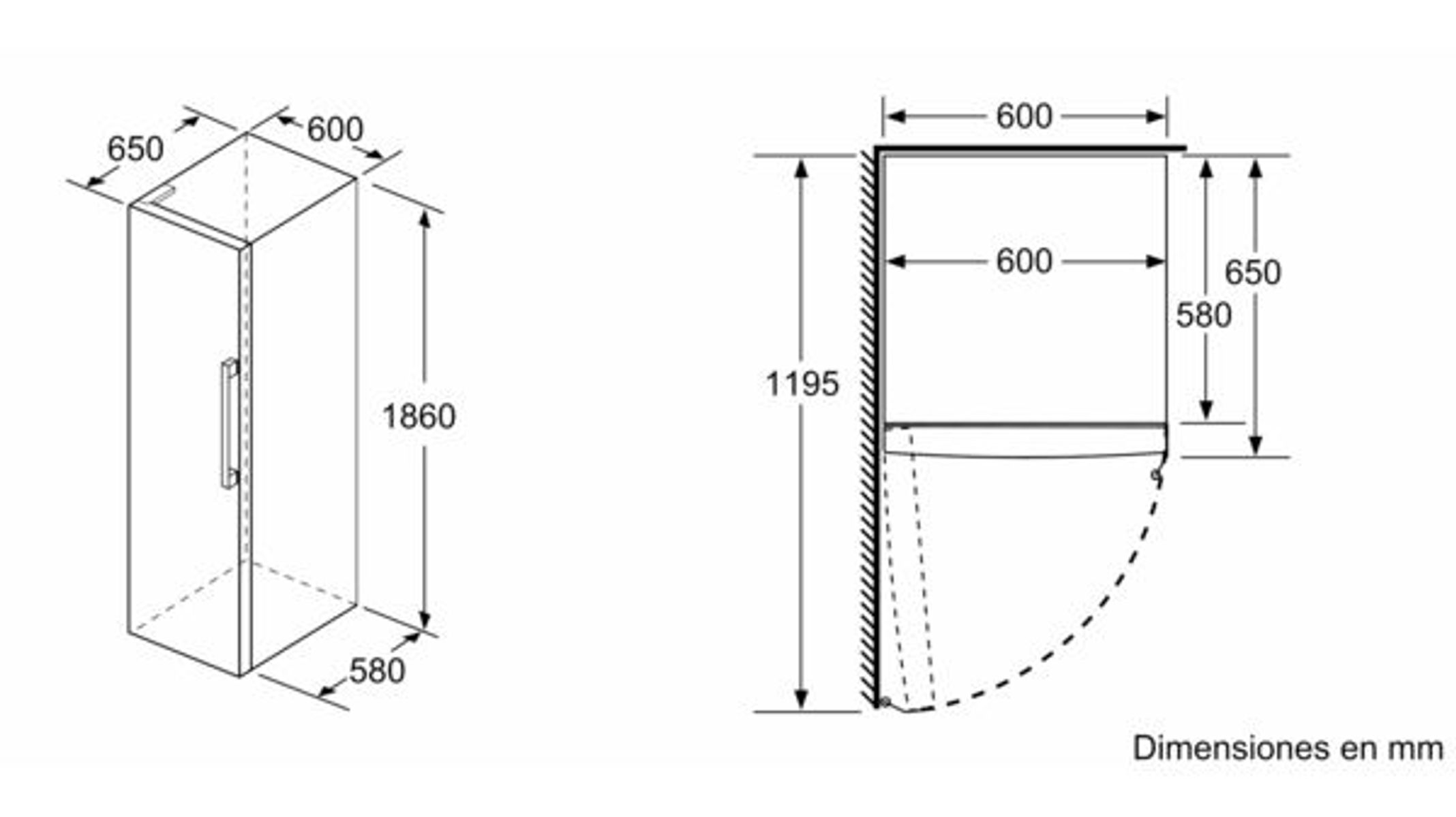 Diagrama de un refrigerador. Se muestran las medidas en mm.