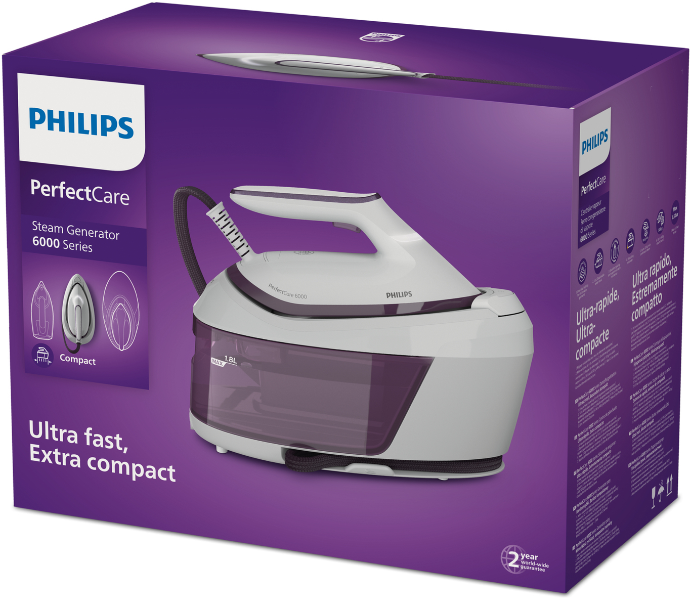 Una plancha con generador de vapor Philips PerfectCare en caja, con texto e imágenes.