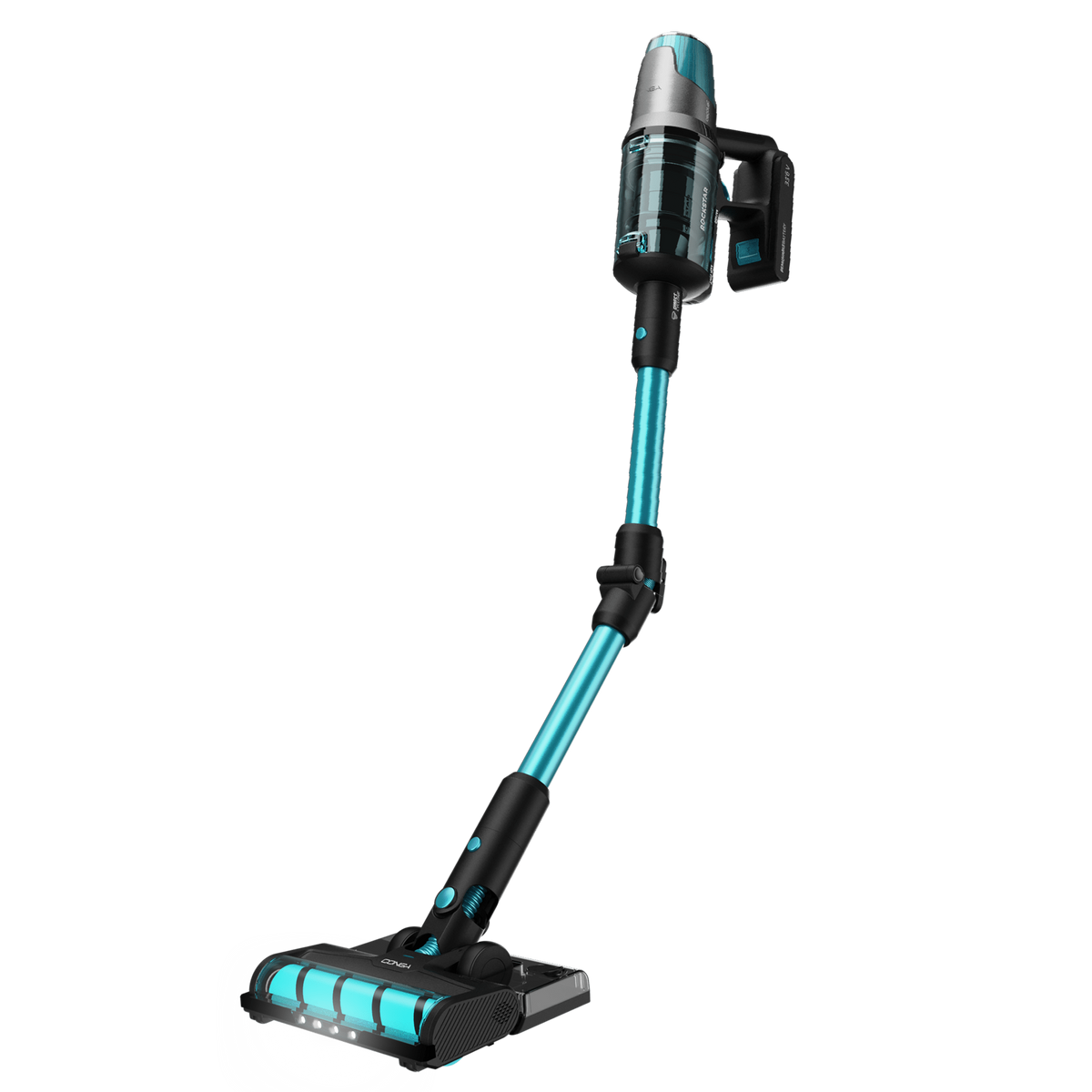 Un aspirapolvere senza fili con un design blu e nero. È in posizione verticale.