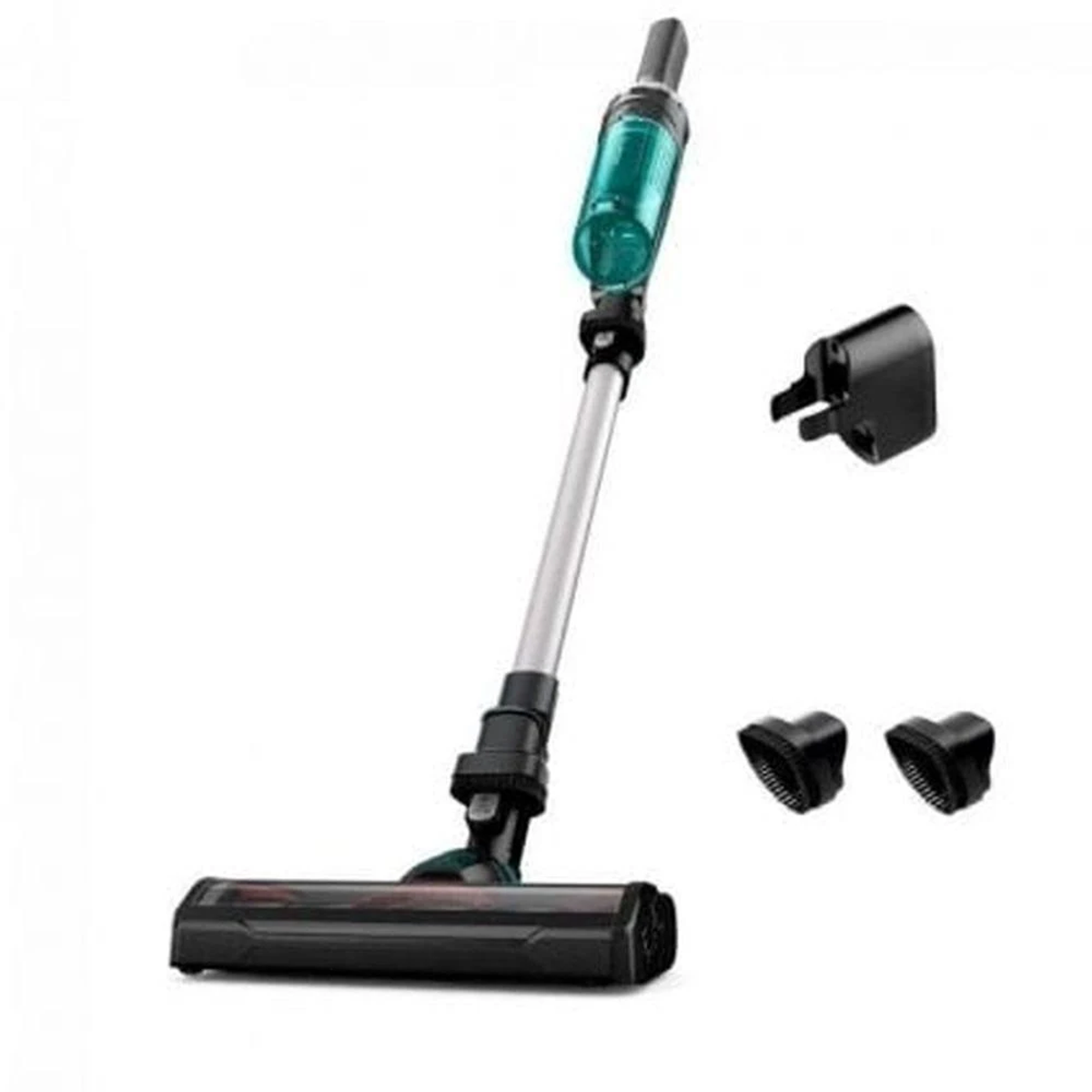 Odkurzacz bezprzewodowy z akcesoriami. Odkurzacz ma czarno-srebrny design na białym tle.