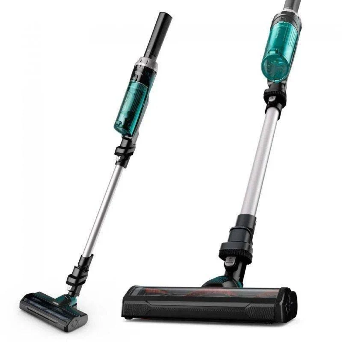 Dwa bezprzewodowe odkurzacze z różnymi nasadkami, jeden kątowy.