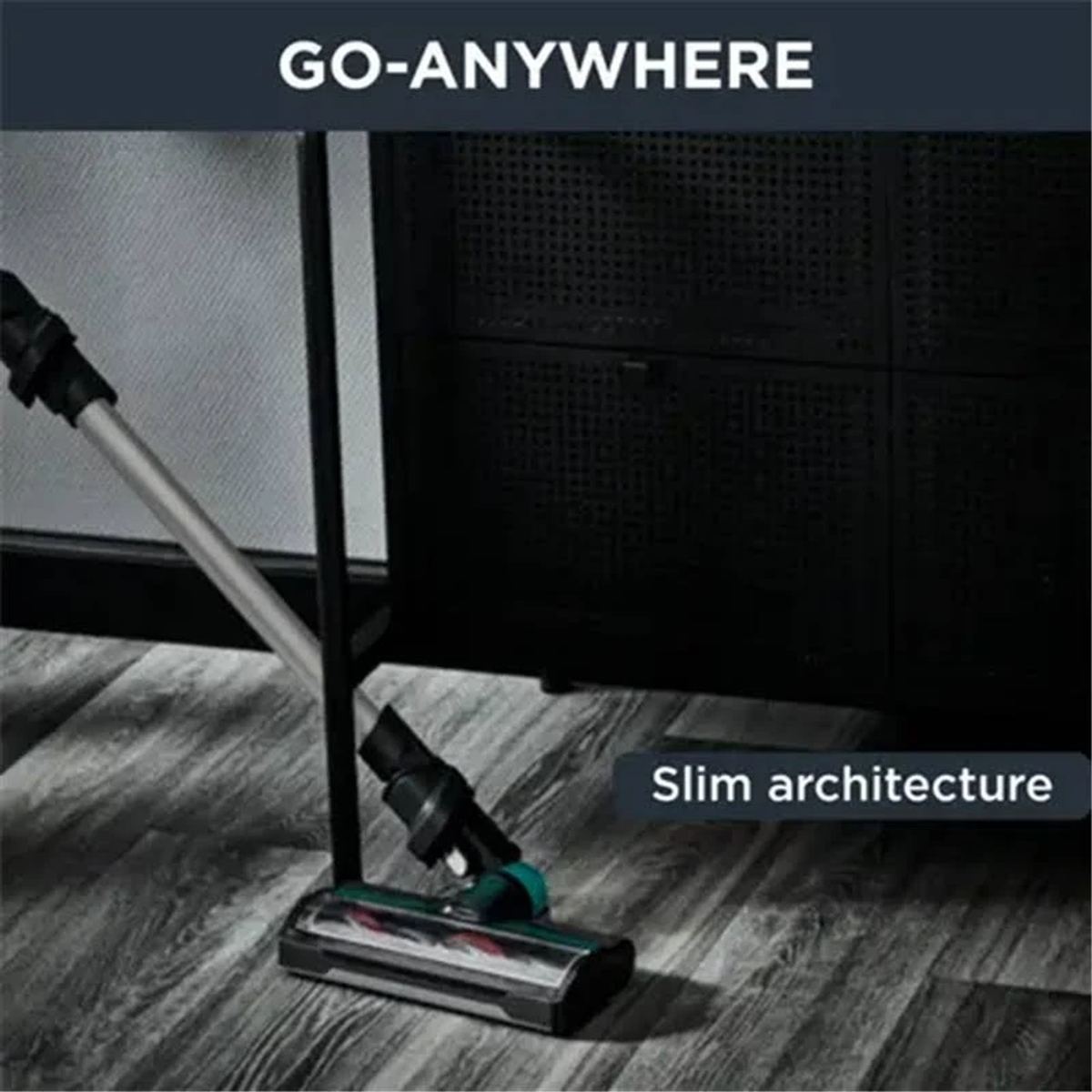 Srebrny i czarny odkurzacz z nakładką tekstową 'Smukła architektura'.