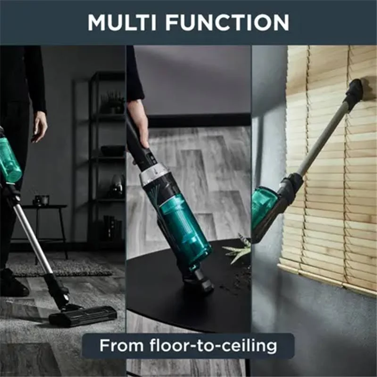 Odkurzacz w użyciu na podłodze, następnie na macie, a następnie na żaluzjach. Tekst mówi 'Multi Function'.