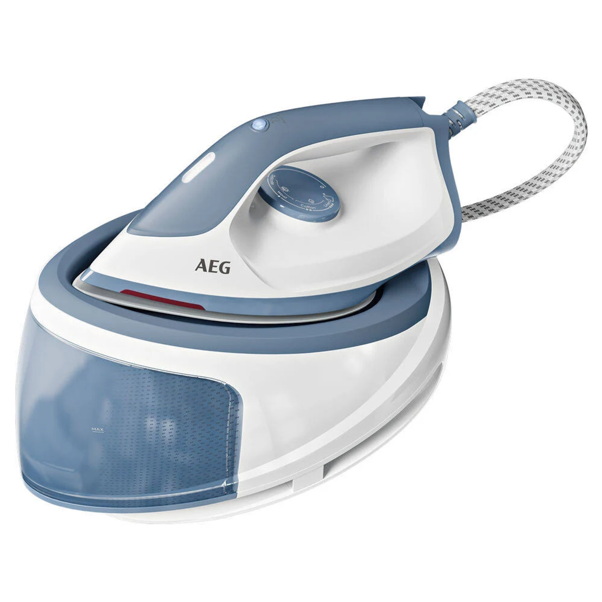 Plancha blanca y azul con base de depósito de agua, marca AEG, sobre fondo blanco.