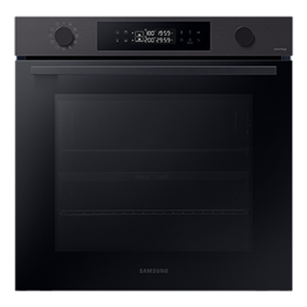 Un horno negro con puerta de cristal, pantalla digital y mandos de control.