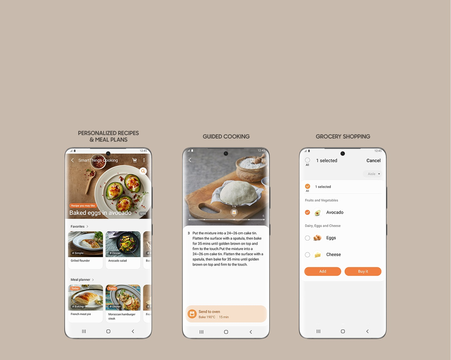 Pantallas que muestran recetas personalizadas, cocina guiada y aplicaciones de compras.