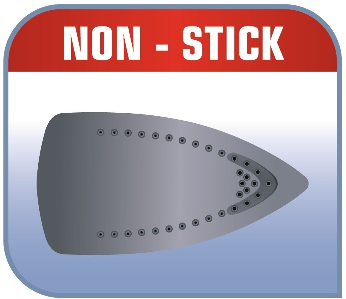 Płyta żelazka, z powłoką nieprzywierającą i czerwonym banerem z napisem 'NON-STICK' na górze. Płyta jest szara.