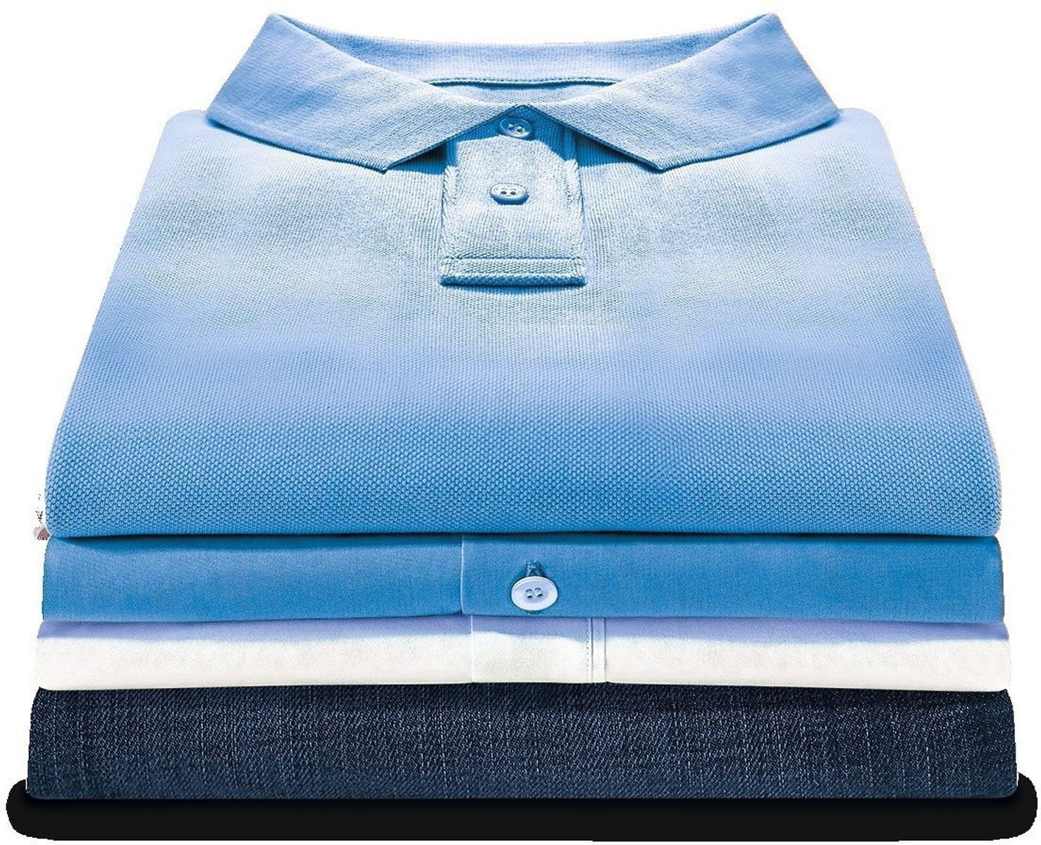 Złożone koszulki polo w kolorze jasnoniebieskim, białym i granatowym. Górna koszulka ma kołnierz i guziki.