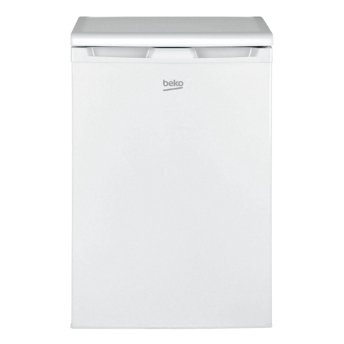 Un refrigerador Beko blanco con un diseño simple sobre un fondo blanco.