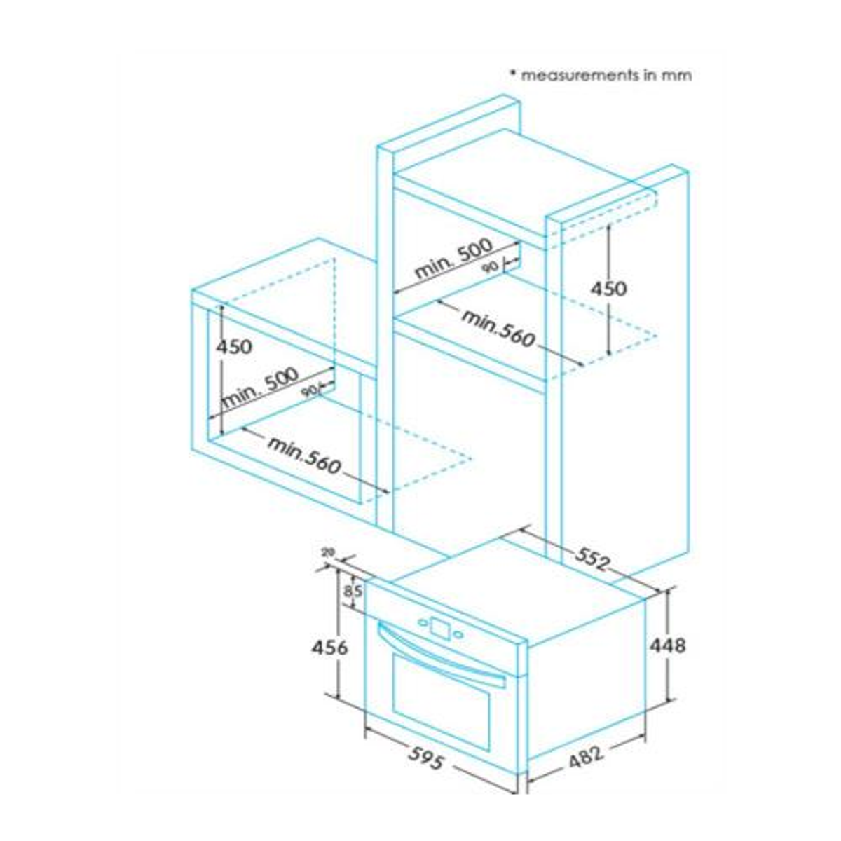 Dibujo técnico de una cocina con medidas en mm para un horno empotrado y armario.