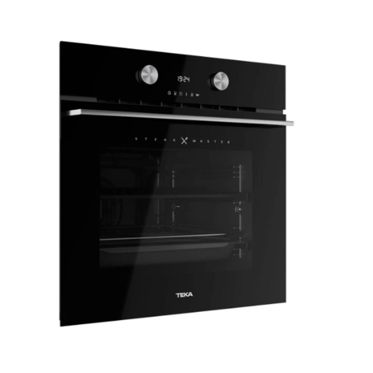Horno Teka negro con dos diales y una puerta de cristal.