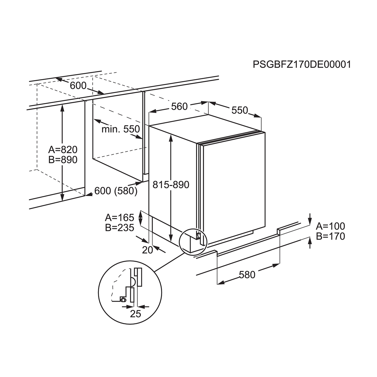 Diagramm eines Einbau-Geschirrspülers mit Abmessungen und Installationsdetails.