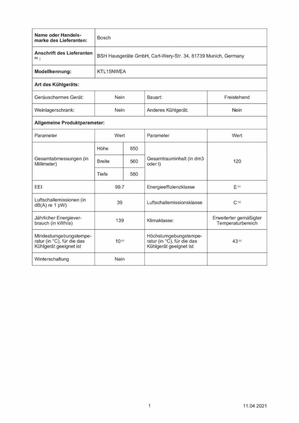 Ein Produktspezifikationsblatt für einen Bosch-Kühlschrank. Es enthält Produktdetails.