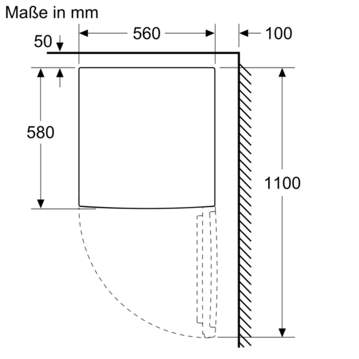 Diagramm mit Abmessungen eines Einbaugeräts mit Schranköffnung.