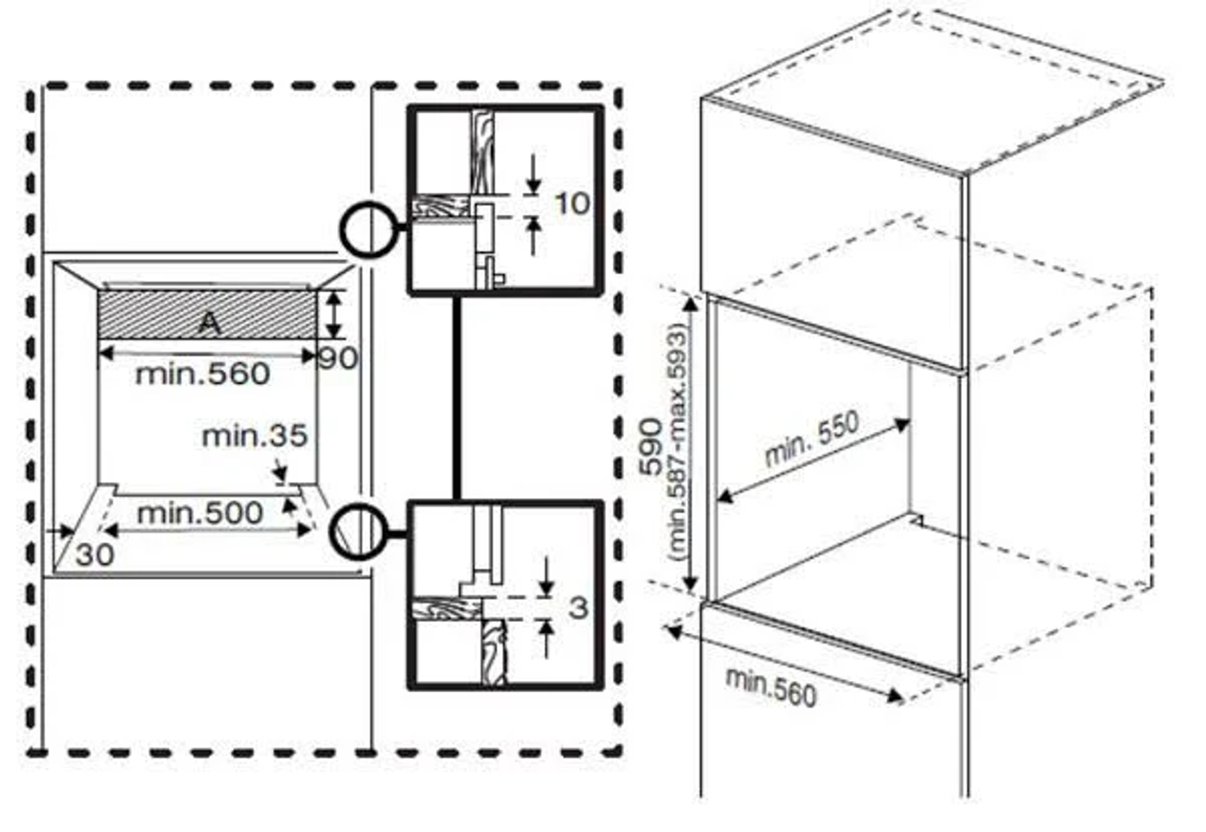 Diagrama de instalación de un horno empotrado. Muestra dimensiones y cortes para la instalación.